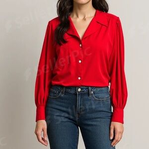 Vintage Chaus Vibrant Red Button Down Long-Sleeve Shirt w/ Front Pocket